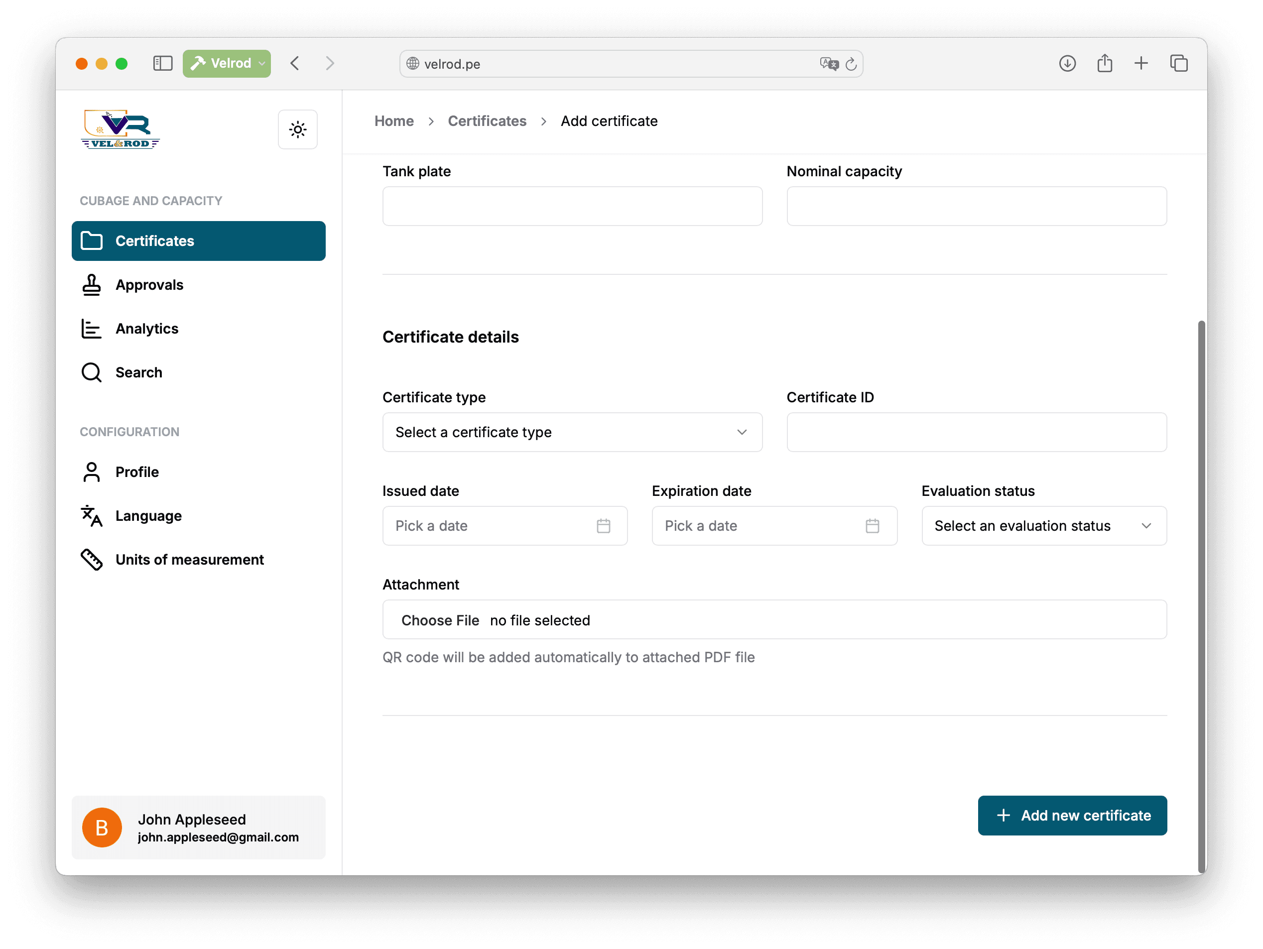 Velrod Certificate Management Dashboard